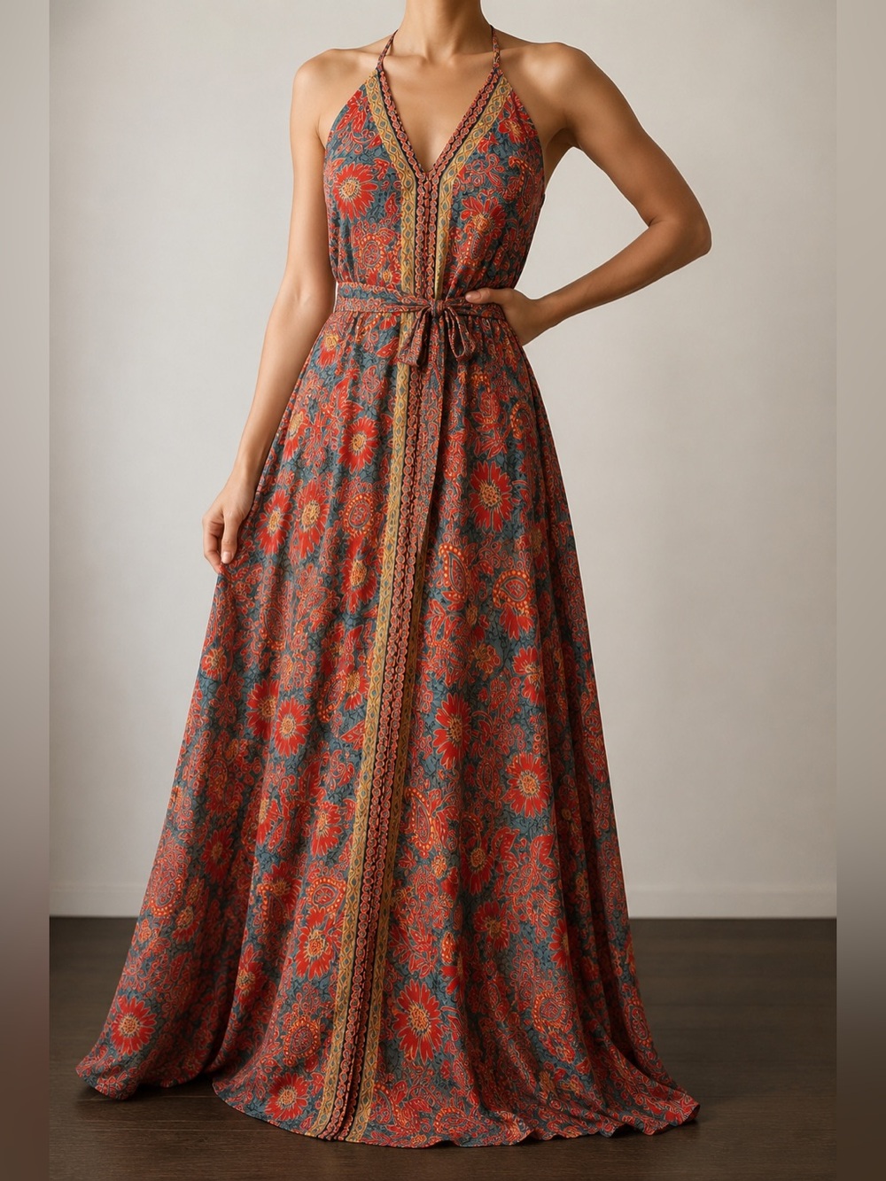 NWT Boho Maxi Dress M Made in India Gold Paisley Belted